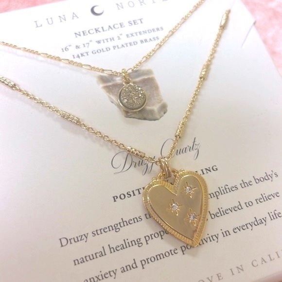 Brand New Luna Norte 14K Gold Plated Brass Druzy Quartz Two Piece Necklace Set - Picture 5 of 14